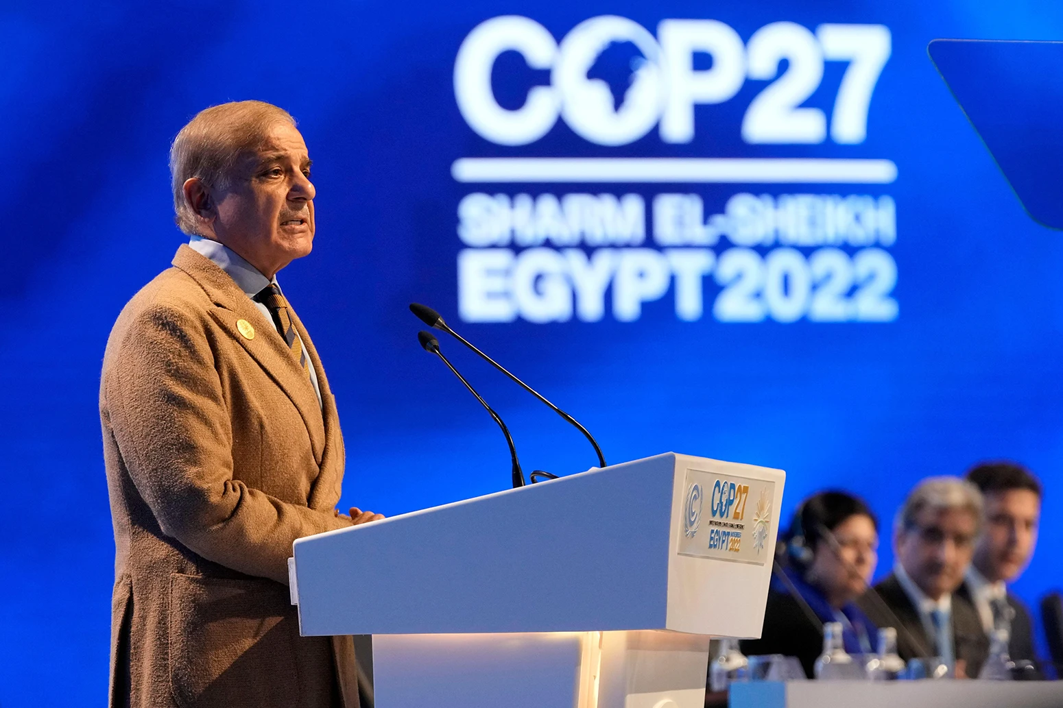 Muhammad Shehbaz Sharif, prime minister of Pakistan, speaks at COP27 on 8 November 2022.